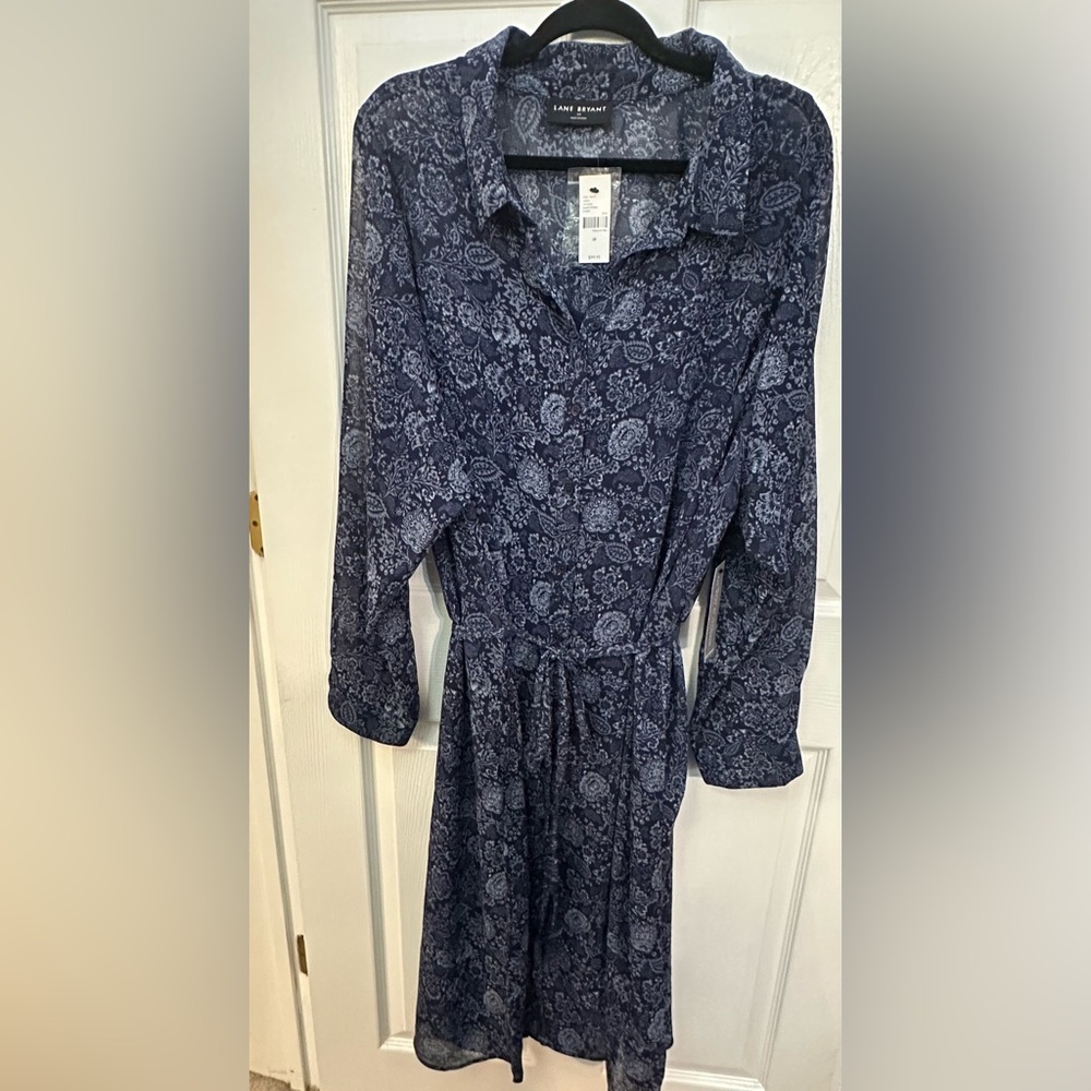 Lane Bryant Navy Paisley Long Sleeve Shirt Dress